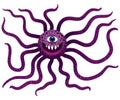 Funny monster with long tentacles. Cyclops mutant with teeth. Purple octopus alien. Character for Halloween. Isolated