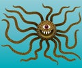 Funny monster with long tentacles in water. Cyclops mutant with teeth. Purple octopus alien. Character for Halloween Royalty Free Stock Photo