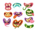 Funny monster mouth set with different expressions. Monstrous emotions, facial scary horror expressions for Halloween cartoon