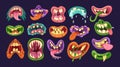 Funny monster mouth set with different expressions. Monstrous emotions, facial scary horror expressions for Halloween cartoon