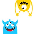 Funny monster set. Face head blue yellow silhouette. Eyes teeth fang tongue hands. Hanging upside down. Cute cartoon kawaii baby