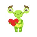 Funny Monster Smiling Holding Red Heart, Green Alien Emoji Cartoon Character Sticker