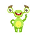 Funny Monster Smiling And Showing Peace Gesture, Green Alien Emoji Cartoon Character Sticker