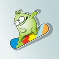 Funny monster snowboarder rides.