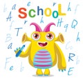 Funny Monster And Text School On A White Background. Cartoon Vector Illustrations. Back to School Theme. Colored Letters Vector. Royalty Free Stock Photo