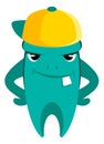 Funny monster in yellow cap. Little cartoon mascot