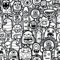 Funny monsters and aliens seamless vector pattern for coloring book. Black and white kids repeating background. Hand drawn line Royalty Free Stock Photo