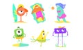 Funny Monsters on Beach Set, Cute Happy Mutants Playing Volleyball, Sunbathing, Surfing and Having Fun Vector