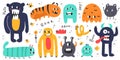 Funny monsters. Colorful creatures, cute little mutants or aliens, spooky fantasy characters, childish collection, baby nursery Royalty Free Stock Photo