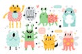 Funny monsters. Cute kids creatures. Fantastic fluffy, toothy and horned cartoon characters. Happy aliens with joyful Royalty Free Stock Photo