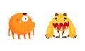 Funny monsters. Cute toothy baby monster cartoon characters vector illustration Royalty Free Stock Photo