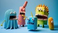 Funny monsters from paper and plasticine on a blue background. Easy creative crafts for children, Generative Ai