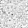 Funny monsters seamless pattern for coloring book. Black and white background. Vector illustration Royalty Free Stock Photo