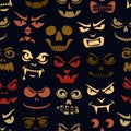 Funny monsters seamless pattern. Halloween holiday character silhouettes background. Vampires, skeletons, demons stencil