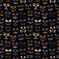 Funny monsters seamless pattern. Halloween holiday character silhouettes background. Vampires, skeletons, demons stencil