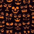 Funny monsters seamless pattern. Halloween holiday character silhouettes background. Vampires, skeletons, demons stencil