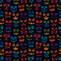 Funny monsters seamless pattern. Halloween holiday character silhouettes background. Vampires, skeletons, demons stencil