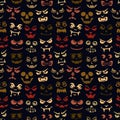 Funny monsters seamless pattern. Halloween holiday character silhouettes background. Vampires, skeletons, demons stencil