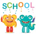 Funny Monsters And Text School On A White Background. Cartoon Vector Illustrations. Back to School Theme. Colored Letters Vector. Royalty Free Stock Photo