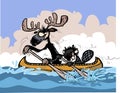 Funny Moose and Beaver characters on canoe.