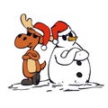 Funny moose and snowman with christmas hat