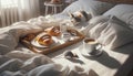 Funny morning home scene in the bedroom with a cat and mouse. Breakfast in bed for everyone