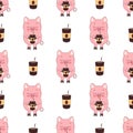 Funny morning pattern with piglets and cups of coffee