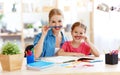 Funny mother and child daughter doing homework writing and reading Royalty Free Stock Photo