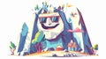 A funny mountain character with a house. A happy smiling cool fiction mount. A fancy fantasy tourist in sunglasses. Flat