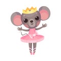 Funny Mouse in Ballerina Dress and Crown on Head Dancing Vector Illustration Royalty Free Stock Photo