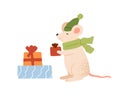 Funny mouse holding Christmas gift box vector flat illustration. Cute rat in warm scarf and hat carrying festive wrapped Royalty Free Stock Photo