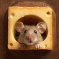 Funny mouse looks out of piece of delicious cheese, funny photo with animals for advertising cheese