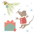 Funny mouse in a red sweater near a gift box with a bow and Christmas ball. Set of holiday elements: Christmas tree branch, mouse Royalty Free Stock Photo