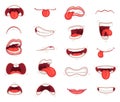 Funny mouths. Facial expressions, cartoon lips and tongues. Hand drawing laughing show tongue, happy and sad mouth poses Royalty Free Stock Photo