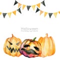 Funny multi-colored pumpkins for Halloween. Festive garlands. Template for cards and invitations.