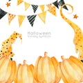 Funny multi-colored pumpkins for Halloween. Festive garlands. Template for cards and invitations.
