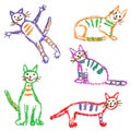 Funny multicolor tabby cat set. Wax crayon like child`s hand drawn cute kitten clip art. Pastel chalk or pencil kids line art stro