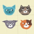 Funny multicolored cats with different emotions. Cute kind suspicious and dissatisfied cat.