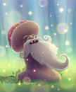 Funny mushroom with magic smile in summer garden or fantasy forest. Landscape with season park, green meadow with grass, outdoors