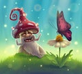 Funny mushroom in summer garden with magic smile looks at butterfly on flower in fantasy forest. Landscape with season green park