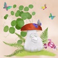 Funny mushroom watercolor illustration Fairy garden scenery Magic environment Flowers leaves butterfly summer print children Royalty Free Stock Photo