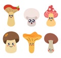 Funny Mushrooms With Faces. Flat Style Vector Illustration