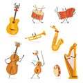 Funny Musical Instruments Cartoon Characters with Funny Faces Set, Cello, Saxophone, Trumpet, Accordion, Guitar Royalty Free Stock Photo