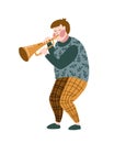 Funny musician playing a trumpet isolated on the white background. Vector illustration for music festival, jazz concert.