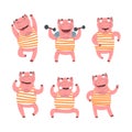 Funny Mustached Pig Wearing Striped Tank Top Posing Vector Set