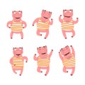 Funny Mustached Pig Wearing Striped Tank Top Stretching Doing Physical Exercise Vector Set