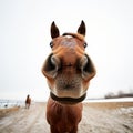 Funny muzzle of a foal close-up. Wide angle portrait Royalty Free Stock Photo