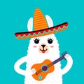 A funny muzzle of the llama alpaca in a self-bib with a Mexican guitar. Template for print on textile, T-shirt. vector