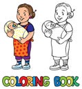 Funny nanny with baby. Coloring book.