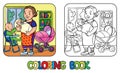 Funny nanny with children. Coloring book.